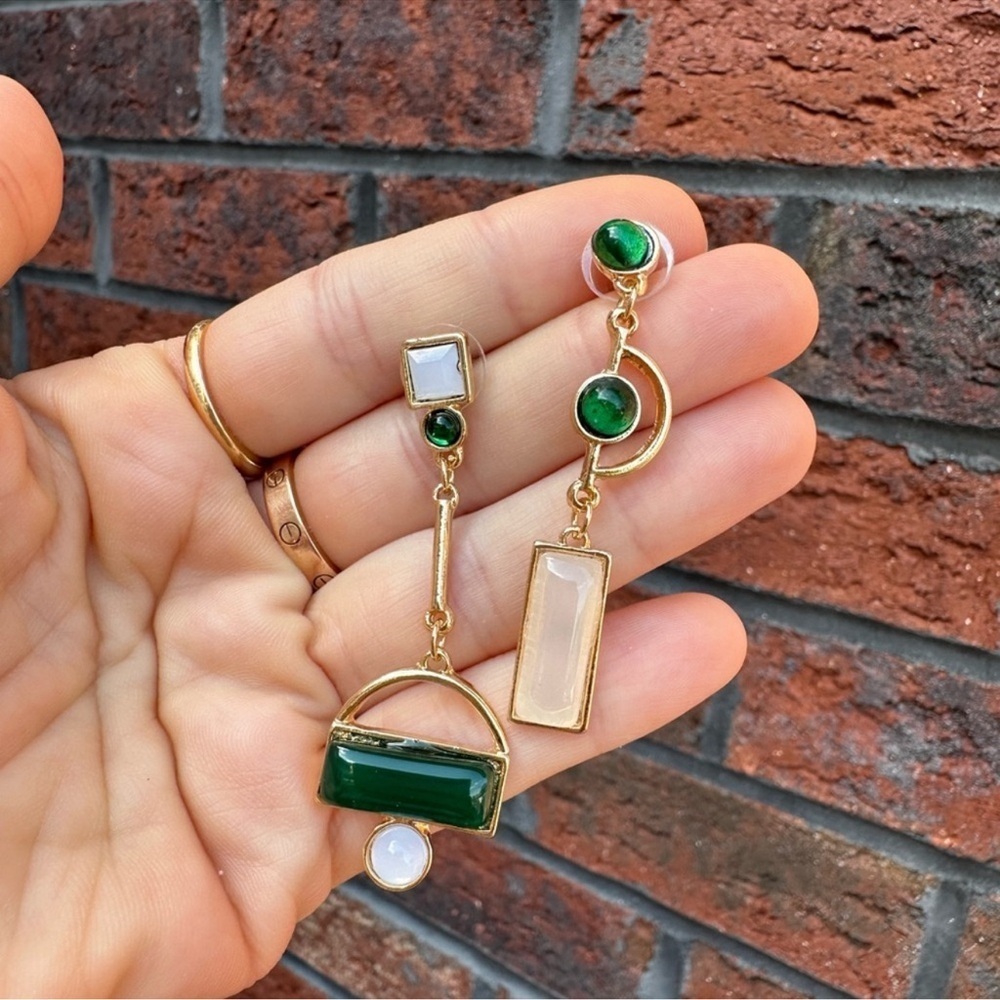 Gold Green Asymmetrical Geometric Earrings - Picture 11 of 13